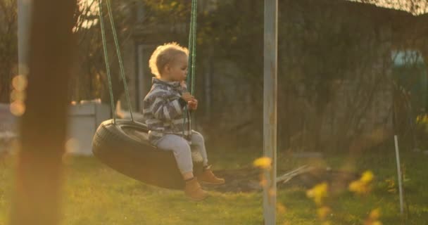 Ett barn i slow motion som roar sig på en gunga i trädgården. Söt pojke, ha kul på en gunga i trädgården — Stockvideo