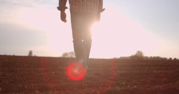 Boer gaat met rubberen laarzen langs groen veld. Rubber laarzen voor het werk. Een arbeider gaat met zijn rubberen laarzen bij zonsondergang. Begrip landbouwbedrijf. Steadicam-video — Stockvideo