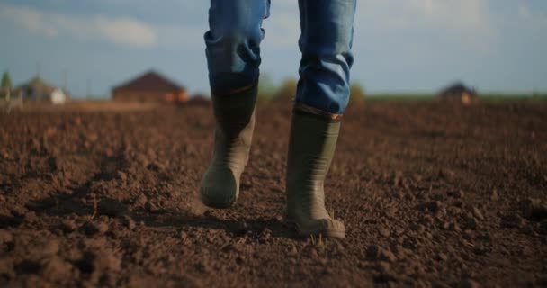 한 농부가 움직이는 트랙터의 흐릿한 배경에 고무 장화를 신고 들판을 가로질러 걷고 있습니다. 개념 : 고무 부츠, 라이프 스타일, 농부, 슬로우 모션, 필드 — 비디오