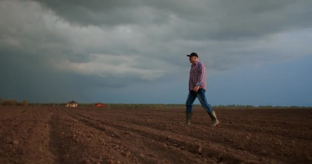 Muž farmář chodí v gumových botách na zelené louce v paprscích slunce při západu slunce. Pěstování zemědělských plodin. Starší farmář prochází nově zasazeným polem. Dívá se na čerstvou zem — Stock video