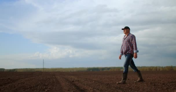 Homem agricultor vai em botas de borracha em um campo verde nos raios do sol ao pôr do sol. Cultivo de agrícola. Um agricultor idoso caminha por um campo recém-plantado. Olha para a terra fresca — Vídeo de Stock