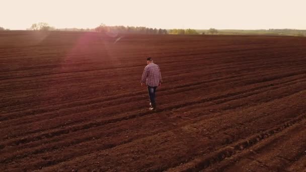 Légi felvétel arról, hogy a gazda a földjén sétál. Egy felnőtt, sapkás férfi farmer sétál át egy szántott mezőn, ültetvényekkel a csizmájában. Első látásra egy ember vizsgálja a mezőket. Gazdálkodó. — Stock videók