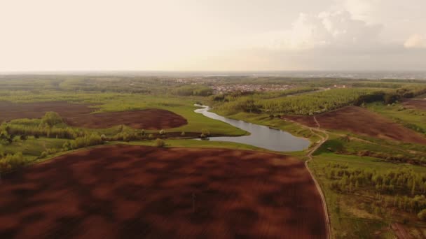 Вид с воздуха фермы с плугом подготовки земли для посева. Бороны готовят сельскохозяйственные земли для посадки урожая в лучах заката. Сельское хозяйство, обработка земли — стоковое видео