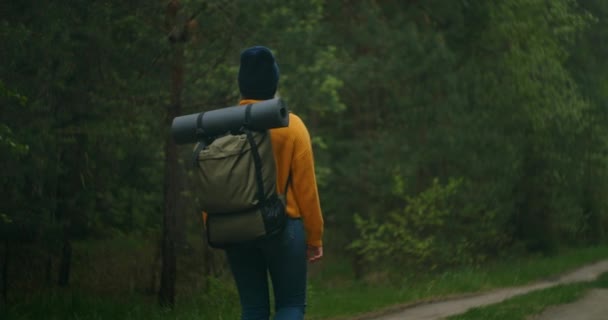 慢动作：秋天在森林中远足的年轻女子。一个积极健康的白人女人背着背包带着木头沿着森林后视镜、休闲、生物旅游、远足的女游客 — 图库视频影像