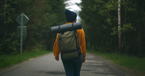 Ralenti : Jeune femme en randonnée dans la forêt en automne. Femme caucasienne saine et active avec un sac à dos en bois. Voyageur féminin avec promenades le long de la forêt vue arrière, loisirs, bio-tourisme, randonnée pédestre — Video