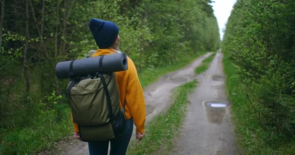 Cámara lenta: Joven Senderismo en el bosque en otoño. Mujer caucásica sana activa con una mochila que toma madera. Viajero femenino con caminatas a lo largo de la vista trasera del bosque, ocio, bio-turismo, Senderismo — Vídeo de stock