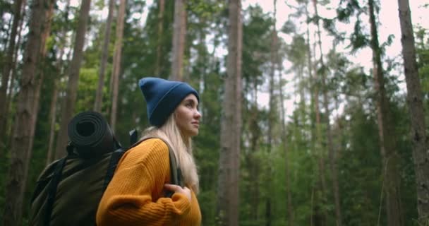 In Zeitlupe wandert eine Wanderin auf dem Levada-Pfad im Wald. Glückliche Backpacker, die die Natur beim Wandern auf der Landstraße bewundern. Touristin spaziert an sonnigem Herbsttag im Herbstwald. — Stockvideo