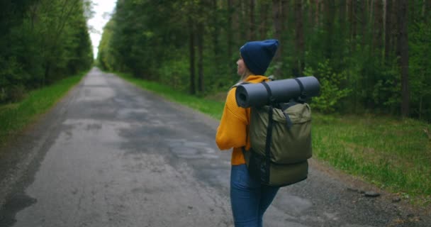 Zeitlupe: Junge Frau wandert im Herbst im Wald Aktive, gesunde Kaukasierin mit einem Rucksack, der Holz aufnimmt. Reisenden mit Spaziergängen entlang Wald Rückansicht, Freizeit, Bio-Tourismus, Wandern — Stockvideo