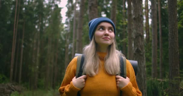 Αργή κίνηση: Νεαρή γυναίκα ορειβασία στο δάσος. Πεζοπόρος κατασκηνώνει στο δάσος. Τουριστική βόλτα κατά μήκος του ποταμού. 4K βίντεο γυρίσματα από το χέρι gimbal. — Αρχείο Βίντεο