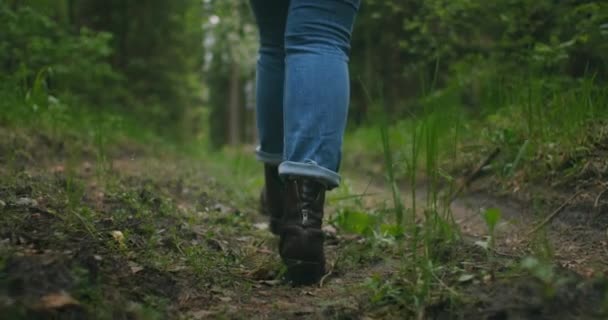 Närbild av kvinnor ben vandring brant terräng i slow motion. Fötter i vandringsstövlar Går på Höstvägen. kvinna fötter spårning på hösten dag utomhus, promenader genom skog — Stockvideo