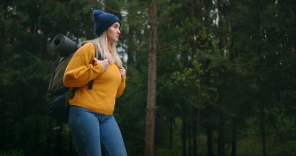 Une voyageuse dans un pull jaune avec un sac à dos marche le long d'un chemin dans la forêt en regardant de belles vues. Voyageuse explorant la forêt dans un pull avec un sac à dos — Video