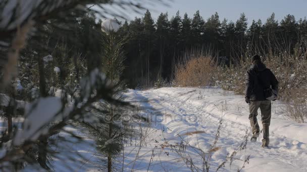 De man gaat naar het bos van de winter — Stockvideo