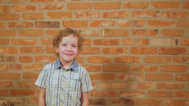 A sweet girl kisses a boy on the cheek. Brother and sister love each other. Children at the brick wall. — Stock Video