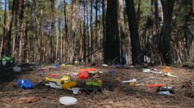 Çam ormanındaki çöplük. Çevre kirliliği. Çevresel bir sorun kavramı.