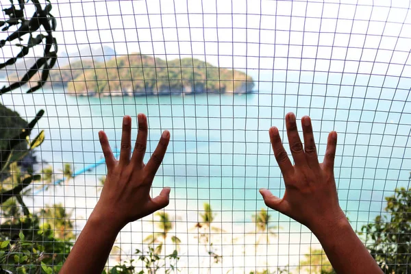 Hand holding the steel mesh with view of ang thong island.
