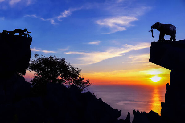 Мужчины стреляют в слонов, модель слонов на горе
.