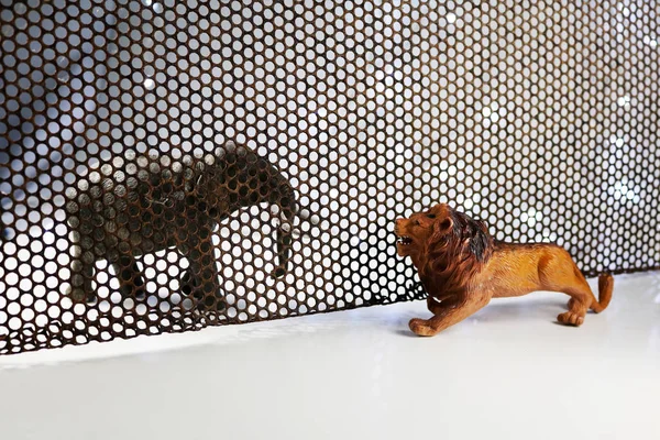 Lion and Elephant model animals through steel grating