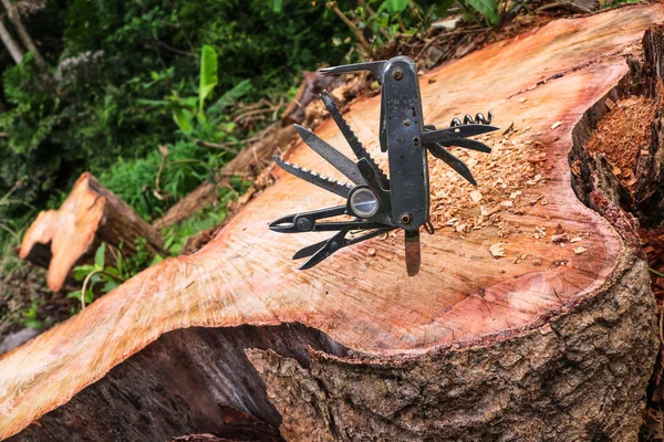 Cuchillo multifunción pegado en el tocón del árbol . — Foto de Stock