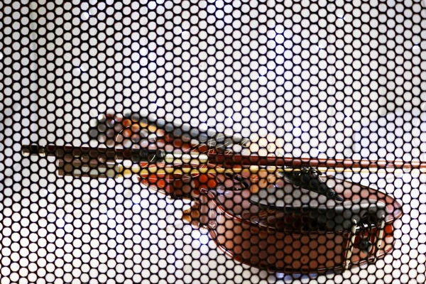 Fondo de violín borroso a través de una rejilla de acero . — Foto de Stock
