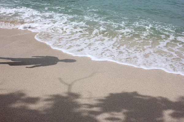 Skuggor av män och träd på stranden. — Stockfoto