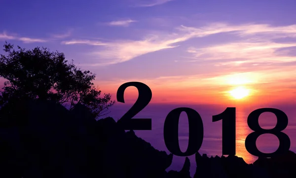 Ano Novo 2018 com o pôr do sol na montanha — Fotografia de Stock