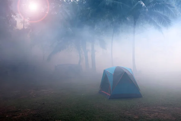 Camping con niebla matutina y niebla en la playa de coco —  Fotos de Stock