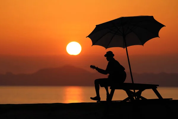 Sahilde gitar bir adam silüeti