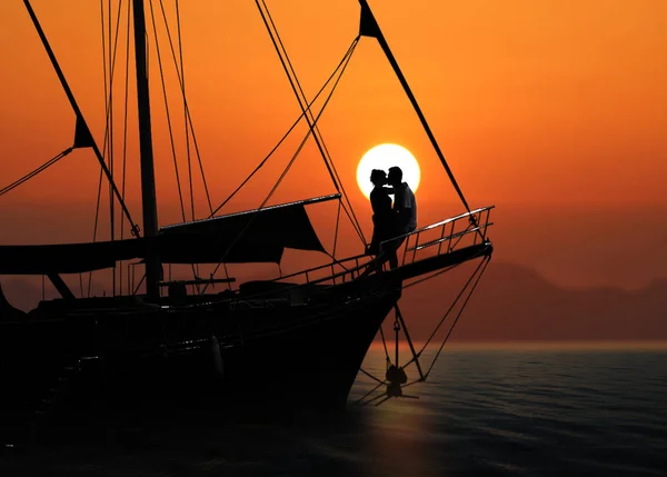 Silhouet romantisch paar verliefd op zeilboot — Stockfoto