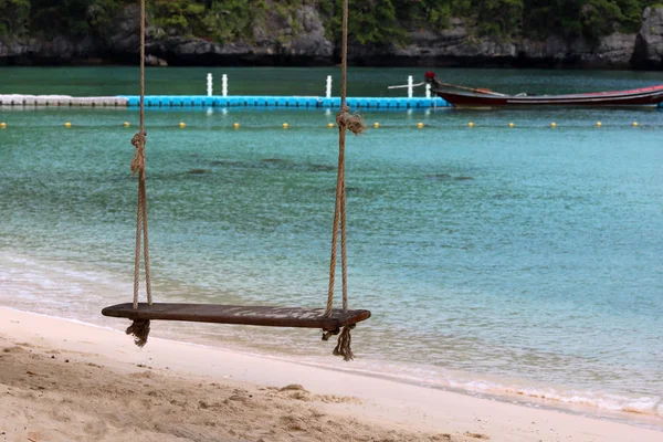 Trä vagga hängande på stranden med havsutsikt — Stockfoto