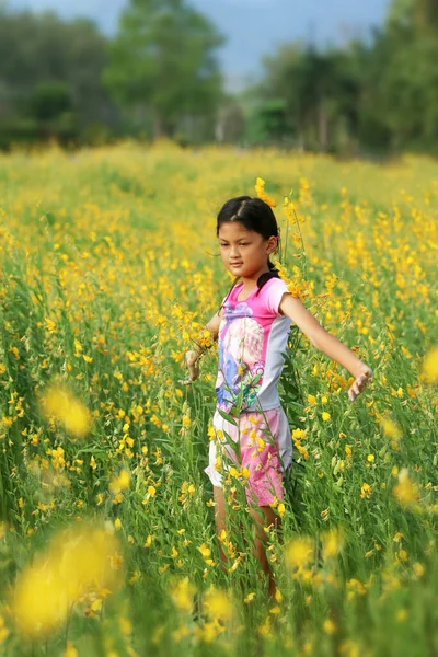 Asian School Children Girls Cheerful Flower Beds Gardens — Stock Photo, Image