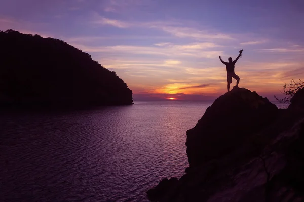 Silhouet Van Fotograaf Met Behulp Van Camera Top Van Een — Stockfoto