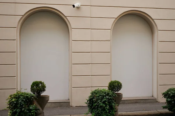 Beige Außenfassade Des Historischen Gebäudes Mit Pflanzen Der Nähe Der — Stockfoto