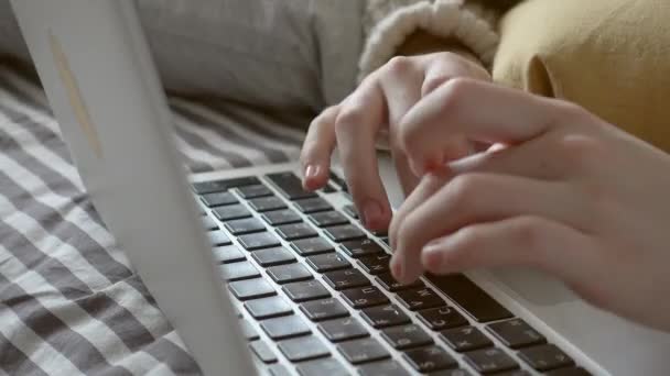 年轻的当代办公室经理在工作时将手放在笔记本电脑键盘上 在笔记本电脑上打字 在Facebook上聊天 在网站上开会 Blogger 写新文章的记者 — 图库视频影像