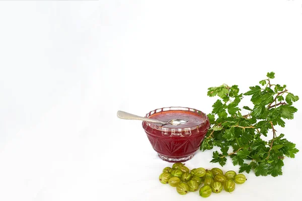 Gooseberries, jam and twig with leaves - mock up template — Stock Photo, Image