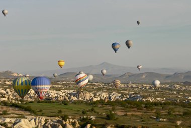 Sıcak hava balonları sabah Vadisi üzerinde uçan. Cappadocia. Türkiye