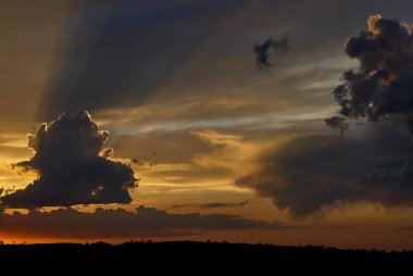 Altın bulutların arasından ışık saçan ışık ışınları ile dramatik günbatımı