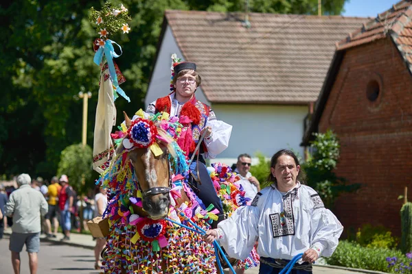 18 let starý chlapec hraje bezpečnostní stráž krále během jízdy králů folklórní festival v Vlcnov, Jižní Morava, Česká republika. Muž drží svého koně — Stock fotografie