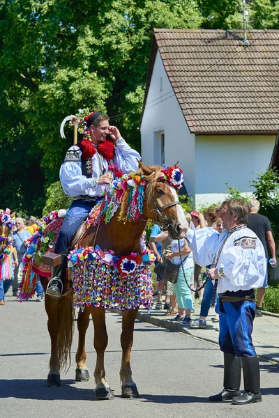 L'uomo tiene un'imbracatura di cavallo con quella del re cortigiano durante il festival folcloristico Ride of the Kings. Courtier è interpretato da 18 anni ragazzo in abito popolare ceco . — Foto Stock