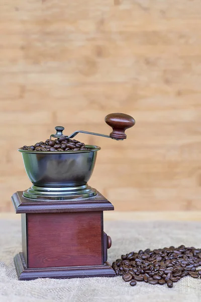 Kahve değirmeni kavrulmuş kahve çekirdekleri ve kahve boncuk sol tarafında dolu
