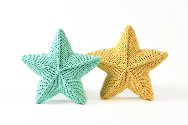 Yellow Blue Green Knitted Five Pointed Star Shaped Pillows White — Stock Photo, Image