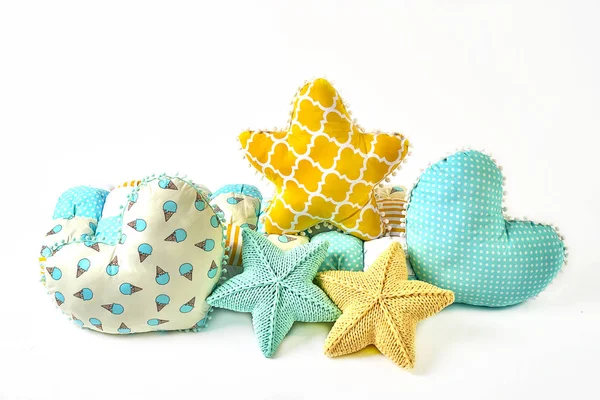 Yellow Blue Knitted Stitched Five Pointed Star Shaped Pillow Patchwork — Stock Photo, Image