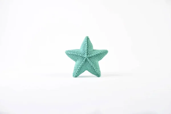 Blue Green Knitted Five Pointed Star Shaped Pillow White Background — Stock Photo, Image