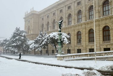 Vienna, Avusturya - 20 Ocak, 2013: Güzel Sanatlar Müzesi, Viyana, sol köşe girişinden. Her şeyin keşfi sonra güçlü kar yağışı kar ile kaplıdır. Sıcaklık yükselir ve sis