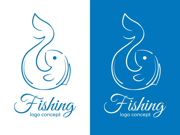 Çizgi stili logo kavramı - balık ve balıkçılık kanca. Minimalist Seviyelendirilmiş vektör çizim. — Stok Vektör