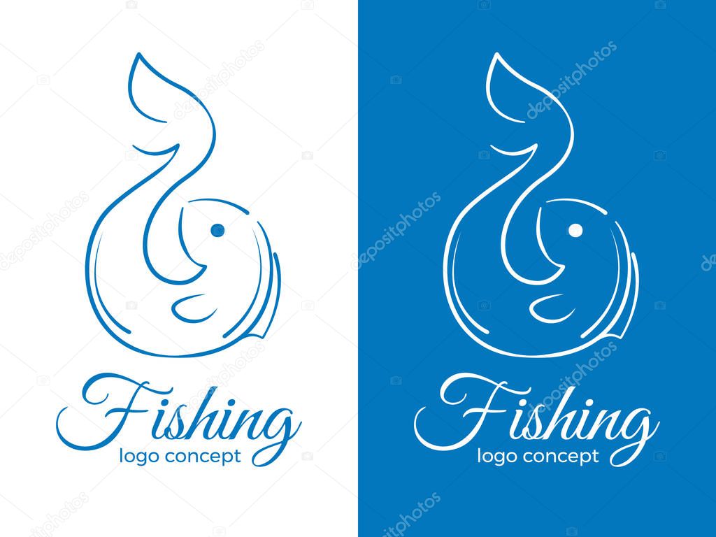 Line style logo concept - fish and fishing hook. Minimalistic outlined vector illustration.