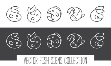 Çizgi stili logo kavramı koleksiyonu - balık. Minimalist Seviyelendirilmiş vektör çizim.