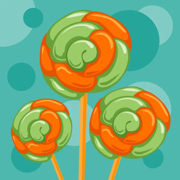 Candy and caramel sweets on sticks. Vector illustration. — Stock Vector