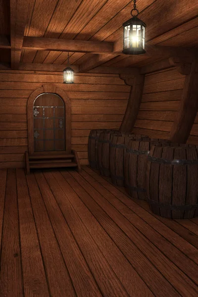 Inside old ship. Hold or cabin of a ship background. 3d illustration of pirate cabin. -3d rendering. -