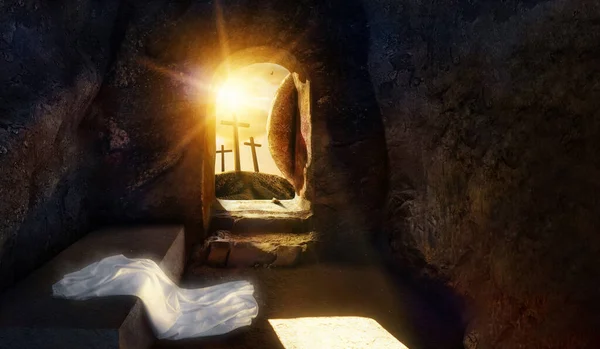 He is Risen. Empty tomb of Jesus with Shroud. Crucifixion of savior Jesus at Sunrise. -3d rendering. - Illustration.