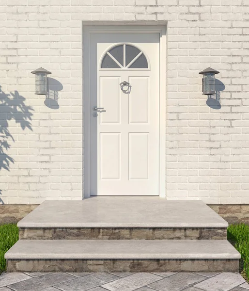 Empty porch at the door. White front door of house with white brick walls. 3D rendering - Illustration.